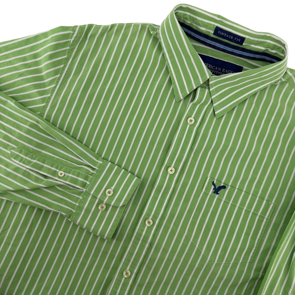 American Eagle Striped Button Down Mens XL Green Vintage Fit Long Sleeve Shirt